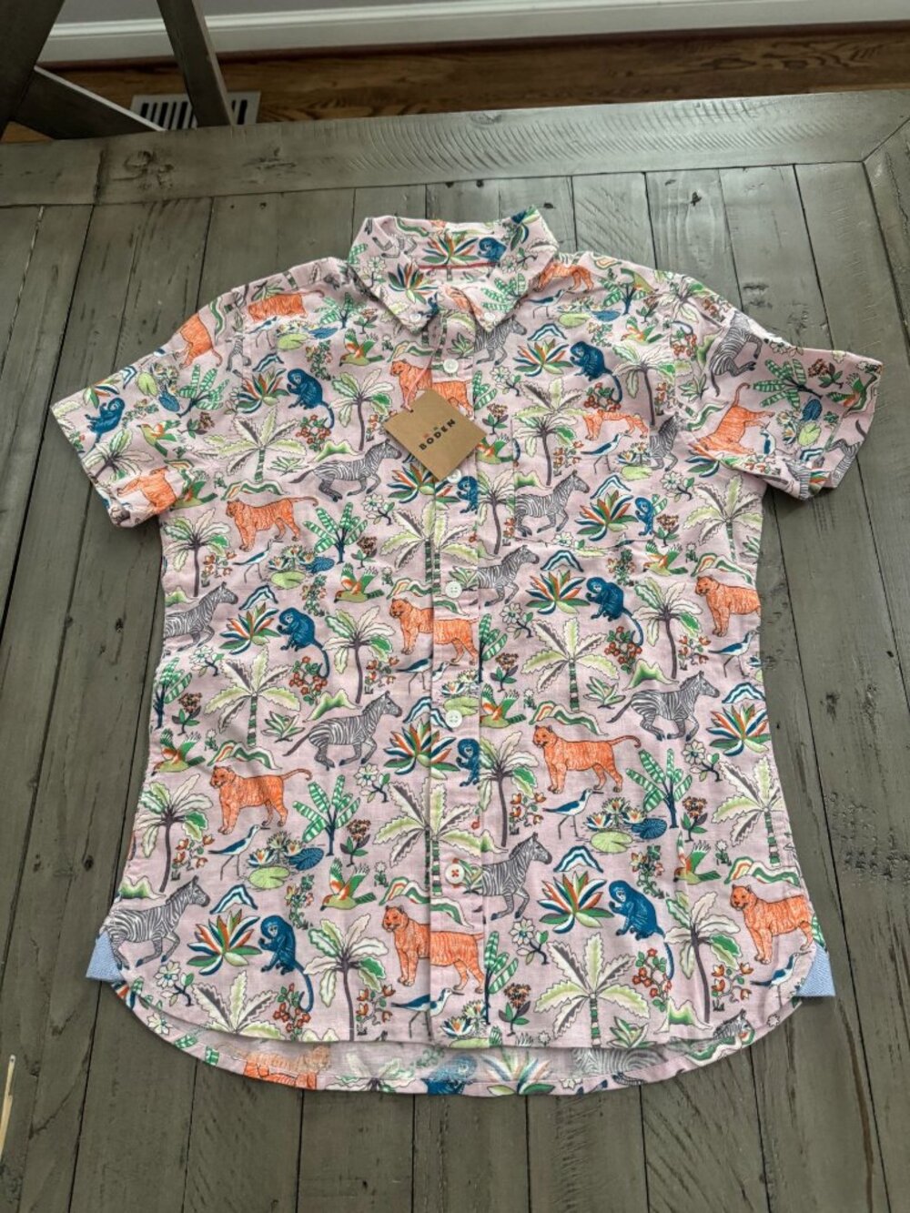 NWT Mini Boden Kids Boys Tropical Safari Animal Print Shirt Linen 11-12